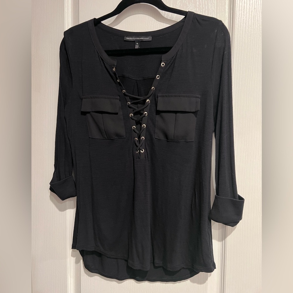 White House Black Market Black Lace-Up 3/4 Sleeve Blouse